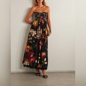 AGUA Tonia Paramo strapless lace-trimmed embellished floral-print cotton dress